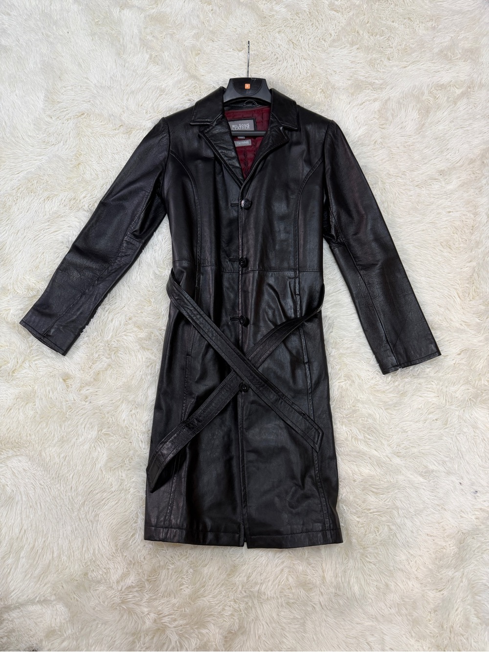 Wilsons Leather Black Long Leather Trench Coat with Belt